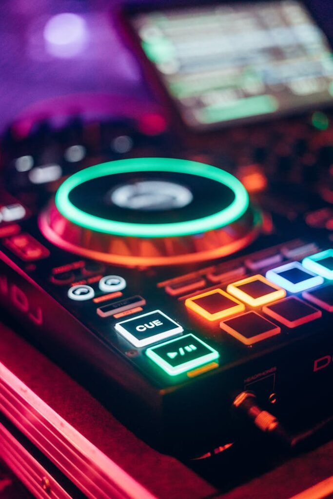 Closeup of an Illuminated Analogue Sound Mixer